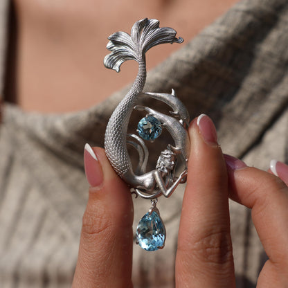 Dreamy Ocean Mermaid Pendant in 925 Sterling Silver with Aquamarine | Handmade Teardrop Necklace for Emotional Healing & Ocean Lovers