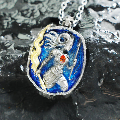 Aries Pendant in 925 Silver | Blue Enamel Medallion with Orange Zirconia | Handmade Zodiac Jewelry