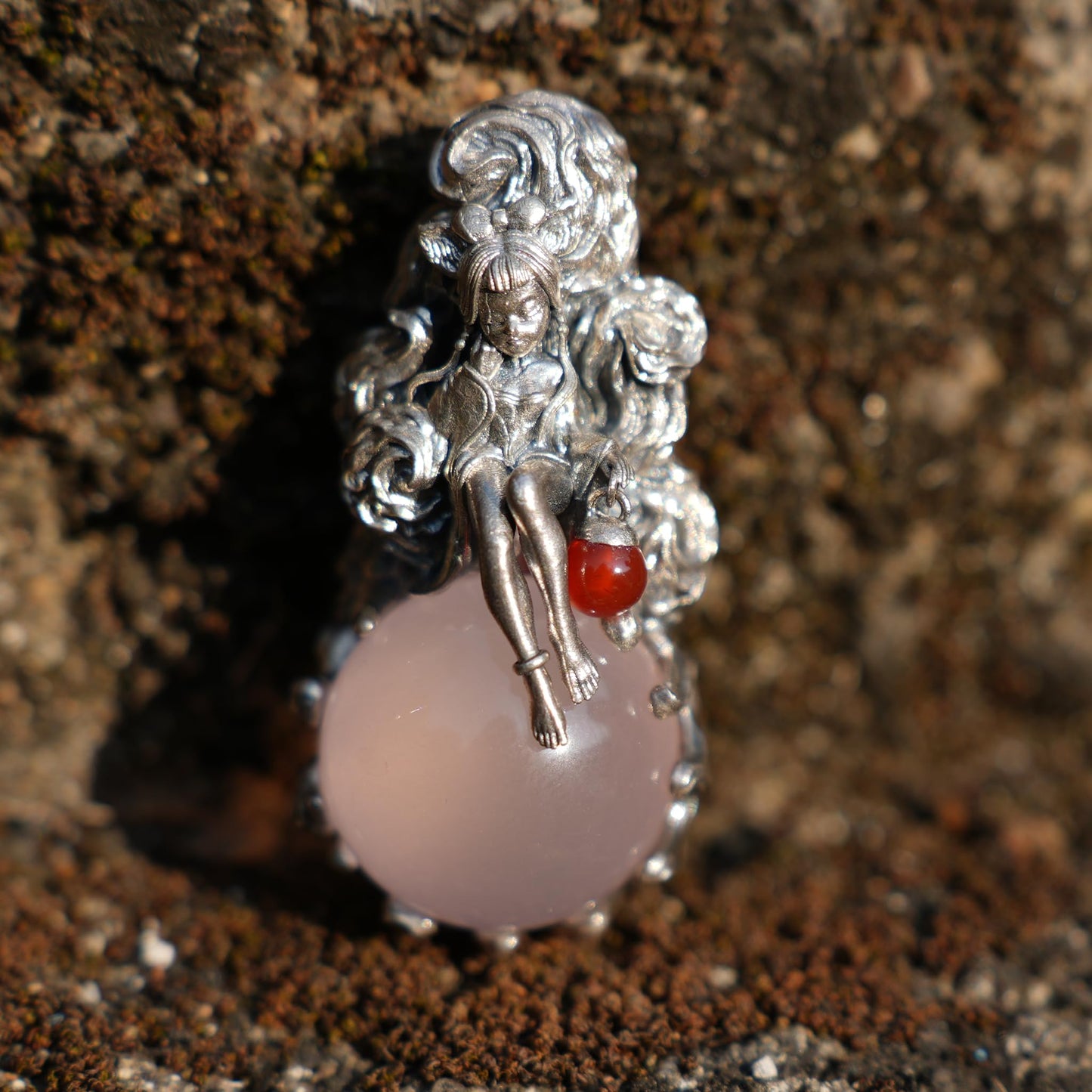 Rose Quartz Pendant with Carnelian Lantern | 925 Sterling Silver Healing Necklace | Handmade Fantasy Amulet Gift for Women & Wiccan Souls