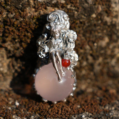 Rose Quartz Pendant with Carnelian Lantern | 925 Sterling Silver Healing Necklace | Handmade Fantasy Amulet Gift for Women & Wiccan Souls