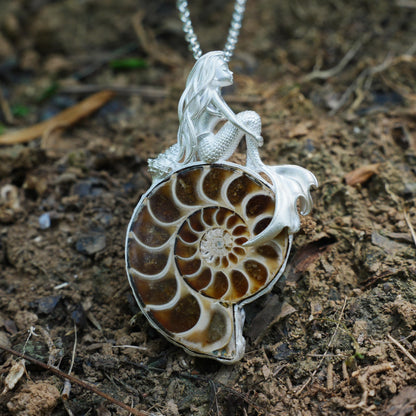925 Sterling Silver Mermaid Pendant with Fossil Seashell | Handmade Ocean Amulet Necklace | Mythical Siren Jewelry Gift