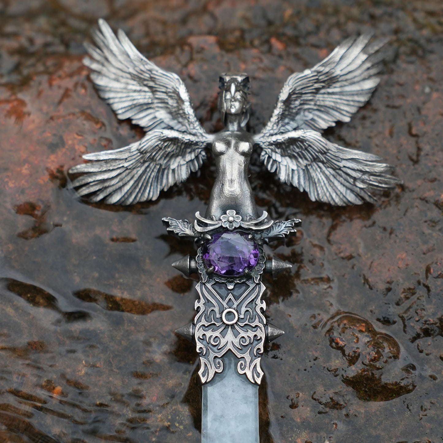 Handcrafted 925 Silver Winged Goddess Sword Pendant with Amethyst & Jade | Nordic Myth Fantasy Protection Amulet Jewelry