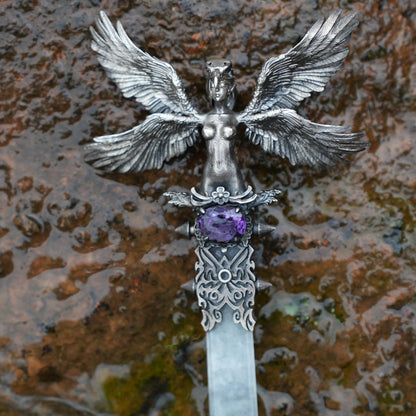 Handcrafted 925 Silver Winged Goddess Sword Pendant with Amethyst & Jade | Nordic Myth Fantasy Protection Amulet Jewelry