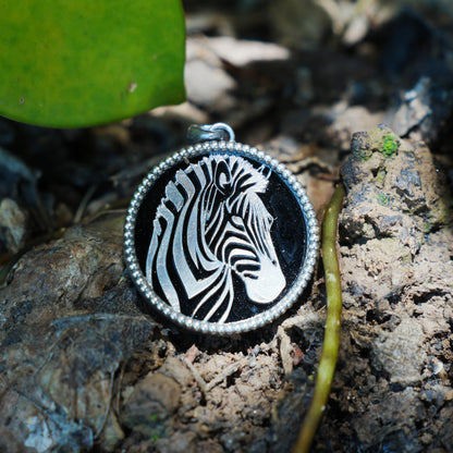Wildlife Zebra Totem Necklace | 925 Sterling Silver Handcrafted Relief Medallion | Black-White Minimal Unisex Pendant | Double-Sided Design