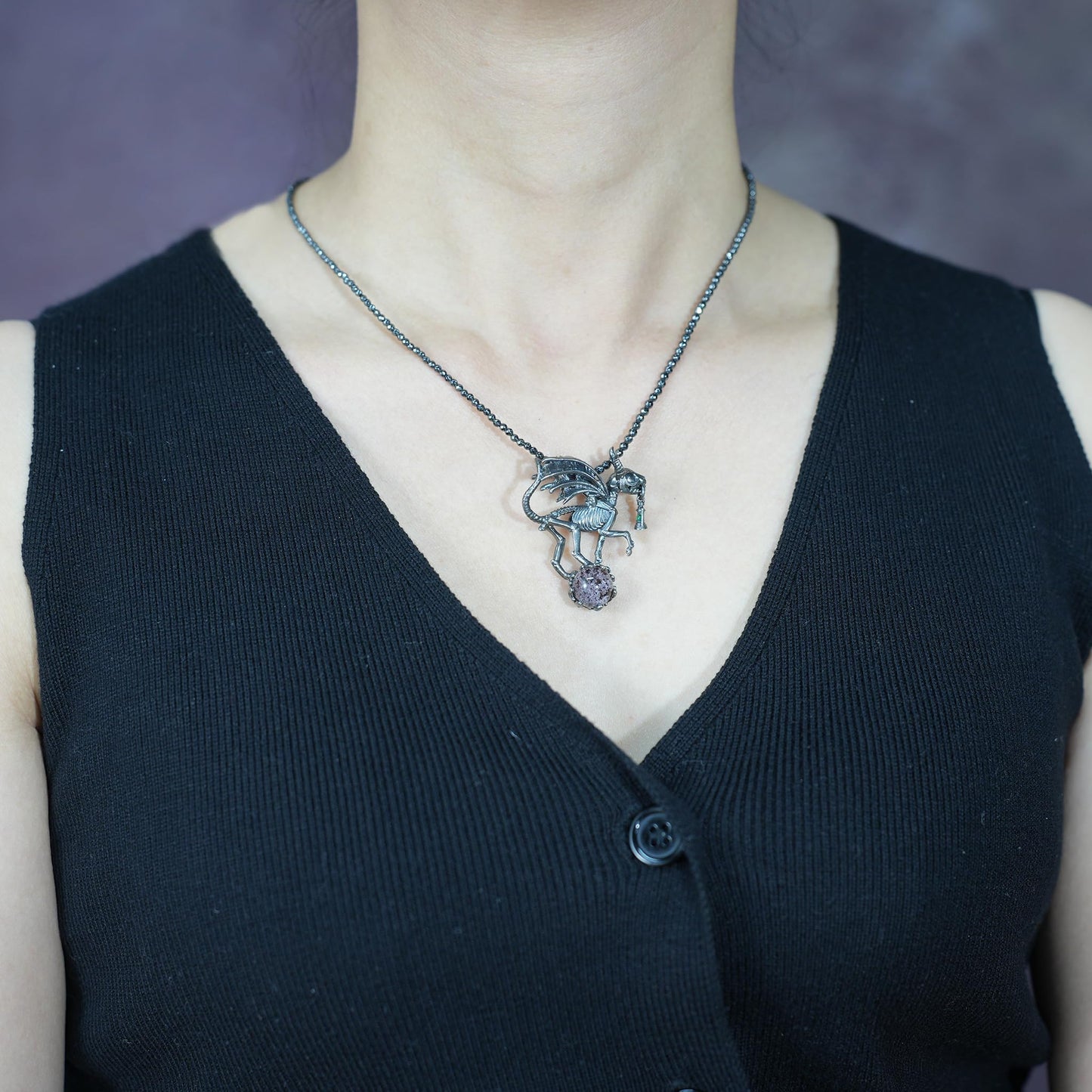 Dark Wings Dragon Pendant | Handmade 925 Silver Gothic Jewelry with Phantom Quartz | Fantasy Amulet for Magic & Mystery Lovers