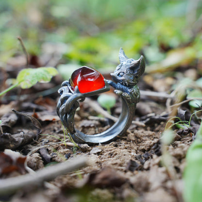 Fox Ring Garnet Protection Talisman | Fantasy Animal Jewelry | Handmade Nature Spirit Ring | Woodland Amulet for Inner Desire