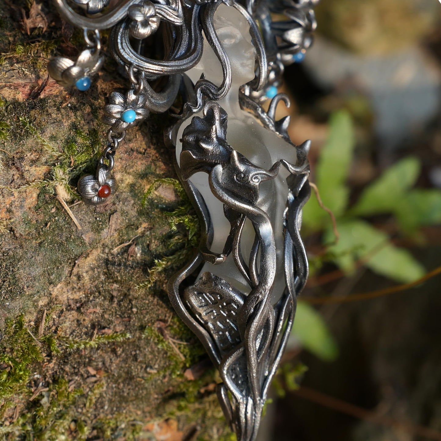 Goddess Flower Pendant with Onyx & Garnet | Handcrafted Art Nouveau Jewelry | Symbol of Beauty & Renewal