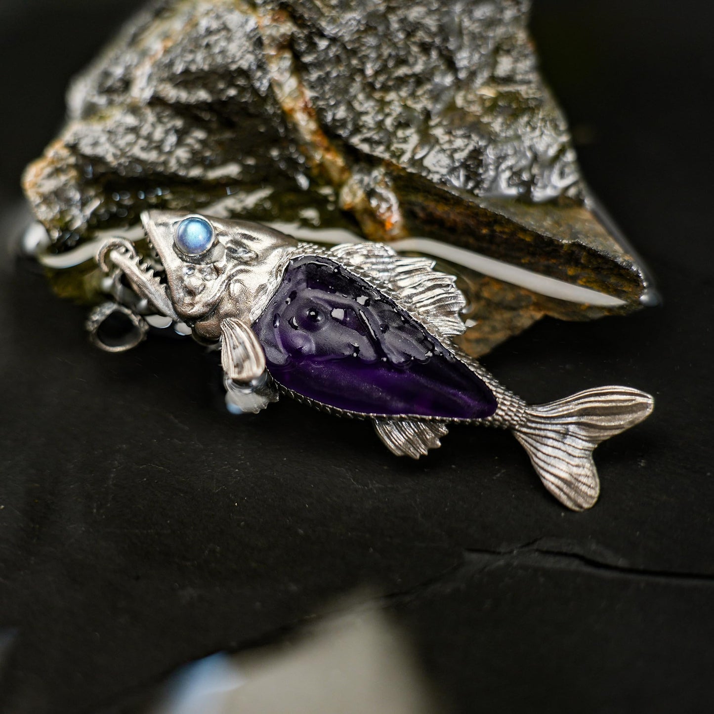 Mystical Fish Pendant with Amethyst & Labradorite – Artistic Talisman Jewelry, Handmade Fantasy Necklace Gift