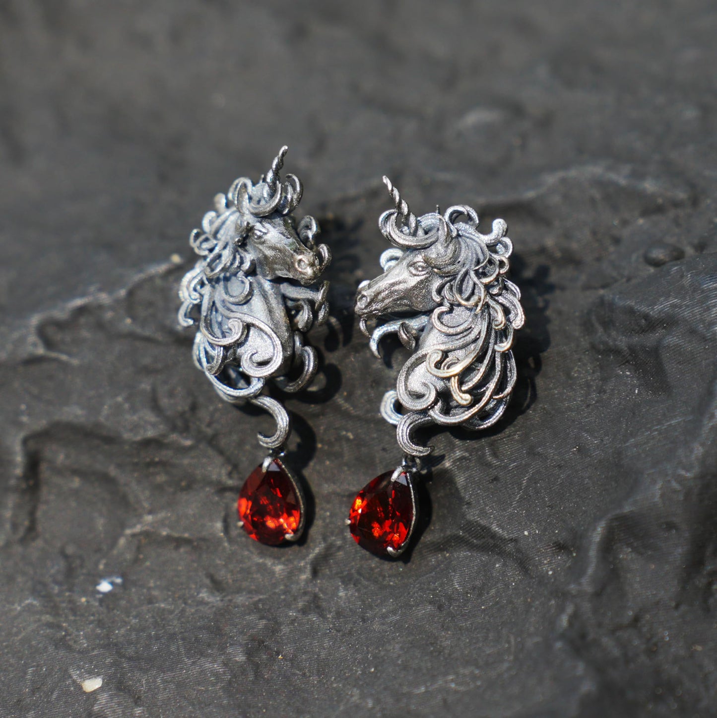 Unicorn Earrings with Garnet Drop | Handcrafted Celtic Fantasy Jewelry | Symbolic Gift of Vow & Protection