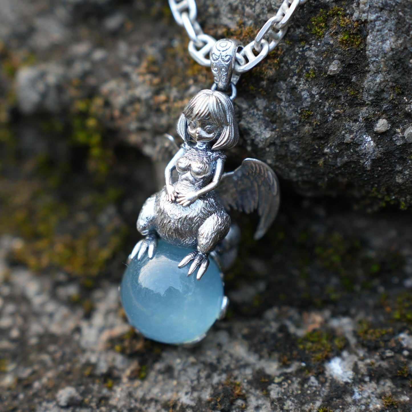 Mystical Harpy Pendant | 925 Sterling Silver Necklace with Aquamarine | Handmade Fantasy Jewelry Gift for Collectors & Myth Lovers