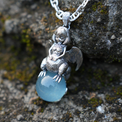 Mystical Harpy Pendant | 925 Sterling Silver Necklace with Aquamarine | Handmade Fantasy Jewelry Gift for Collectors & Myth Lovers