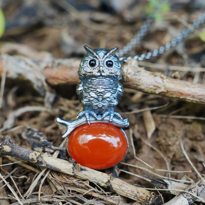 Owl Carnelian Pendant | Handmade 925 Sterling Silver Necklace with Onyx Eyes | Nature-Inspired Jewelry Symbolizing Wisdom & Courage | Artisan Gift