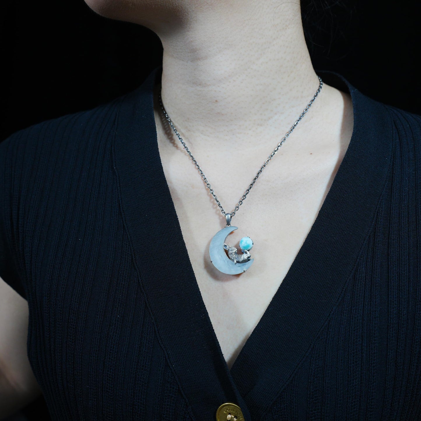 Rabbit Pendant with Larimar & White Quartz Moon | Handcrafted Fantasy Jewelry | Celestial Totem Gift for Serenity