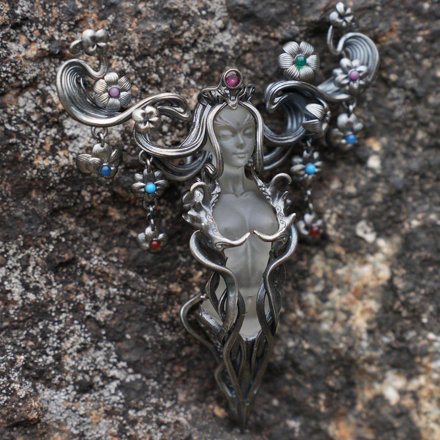 Goddess Flower Pendant with Onyx & Garnet | Handcrafted Art Nouveau Jewelry | Symbol of Beauty & Renewal