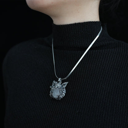 925 Sterling Silver Fox Spirit Pendant with White Crystal | Handmade Mythical Amulet Necklace | Gothic Fantasy Talisman for Her