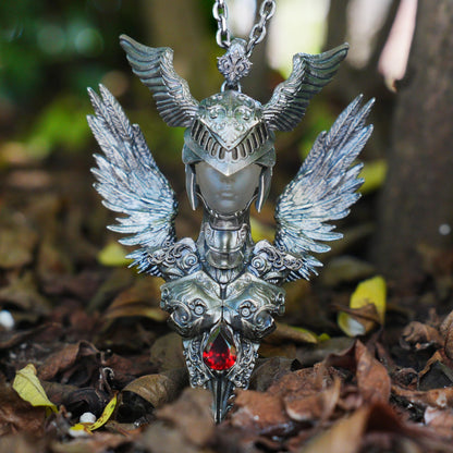 Valkyrie Pendant | 925 Sterling Silver & Garnet | Norse Mythology Amulet | Handmade Viking Necklace