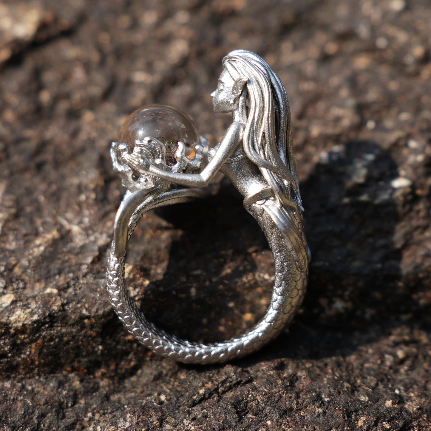 925 Silver Mermaid Ring with Phantom Quartz | Handmade Ocean Fantasy Jewelry | Symbolic Underwater Gift for Her