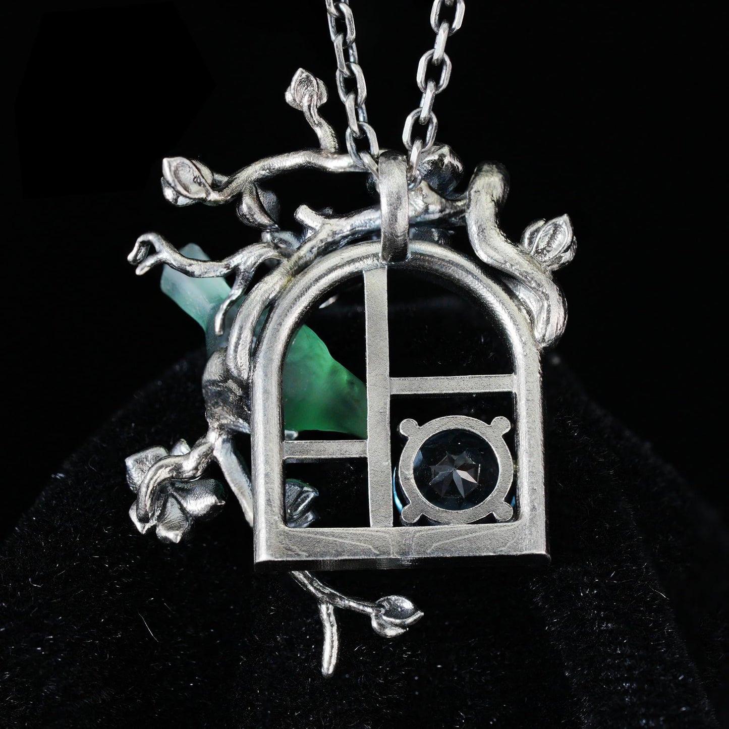 Green Bird Pendant Necklace at Window | Hand-Carved Silver Floral Bird Jewelry | Whimsical Springtime Gift for Nature Lovers and Dreamers