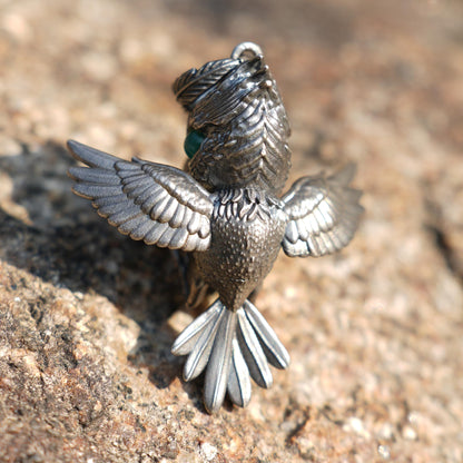 Shoebill Bird Pendant in 925 Sterling Silver with Black Agate & Green Tourmaline | Handmade Nature-Inspired Jewelry for Bird Lovers