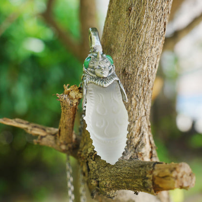 Carved Rock Crystal Pendant with Green Chalcedony | Handmade Gothic Totem Necklace in 925 Sterling Silver | Spiritual Gift for Her