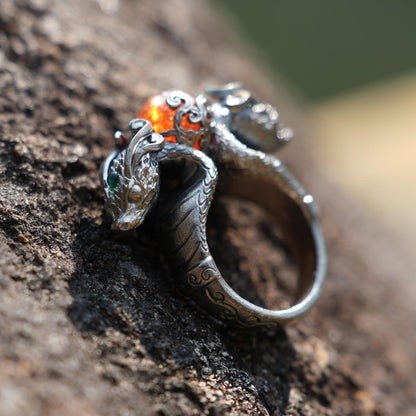 Dragon Ring with Sunstone & Emerald | Handmade 925 Silver Jewelry | Unique Fantasy Ring for Protection & Strength