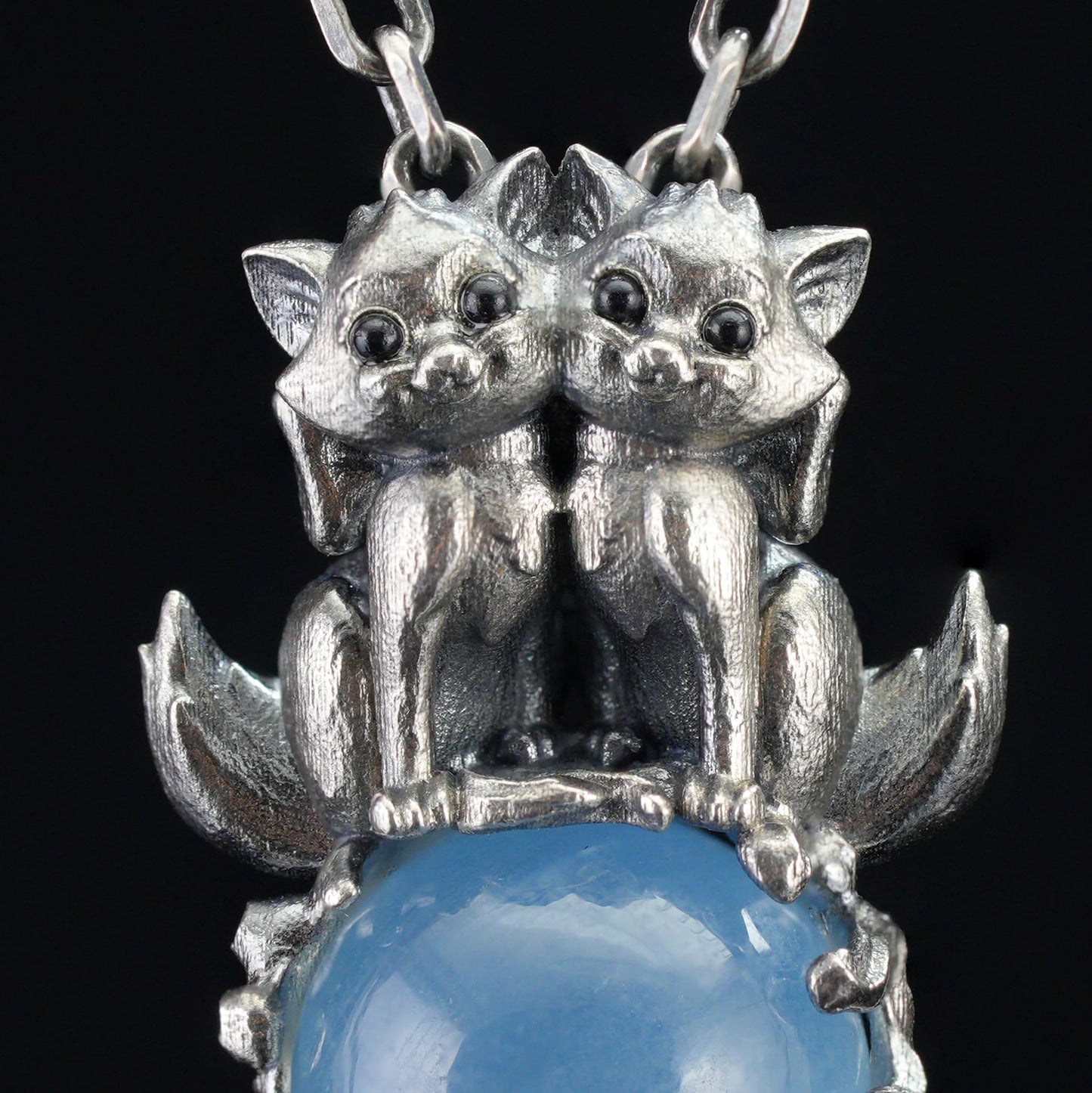 925 Silver Fox Totem Pendant with Aquamarine | Handmade Fantasy Amulet Necklace | Twin Guardian Spirit Jewelry Gift