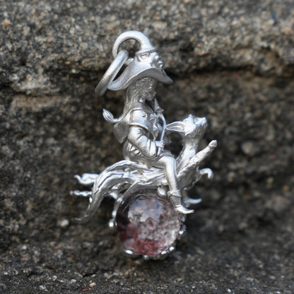 Witch Riding Cat Pendant | 925 Sterling Silver with Phantom Quartz | Handmade Fantasy Jewelry Gift for Magic Lovers & Collectors
