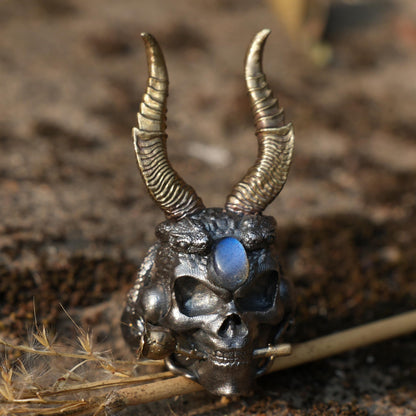 Underworld Guardian Ring, Skull Totem with Labradorite Eye, Horns of Judgment, Nordic Dark Mythology-Inspired Statement Jewelry