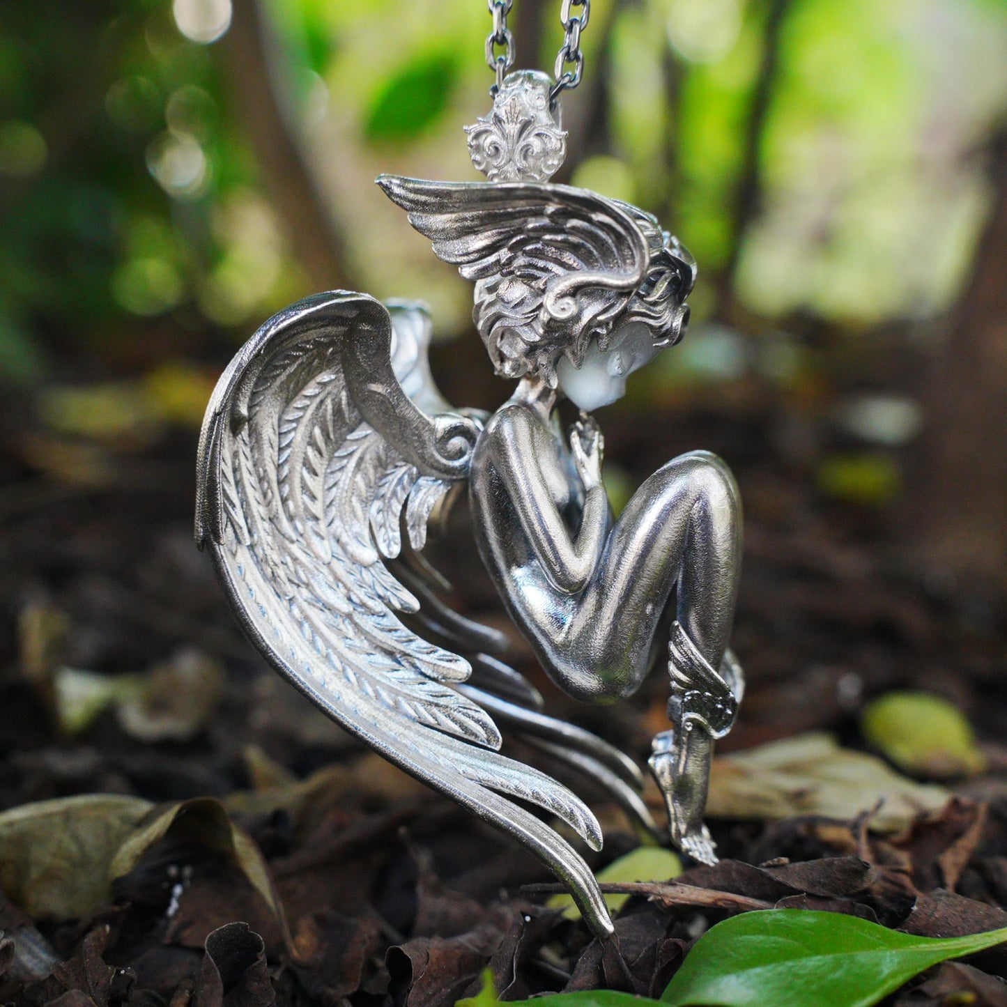 Angel Guardian Pendant | 925 Sterling Silver Gothic Sculpture Necklace with Wings & Clear Quartz | Handcrafted Fantasy Jewelry Gift