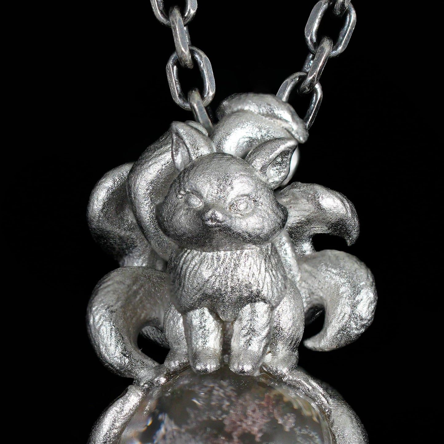 925 Sterling Silver Nine-Tailed Fox Pendant with Phantom Quartz | Handmade Spirit Amulet Necklace | Mythical Fantasy Jewelry Gift