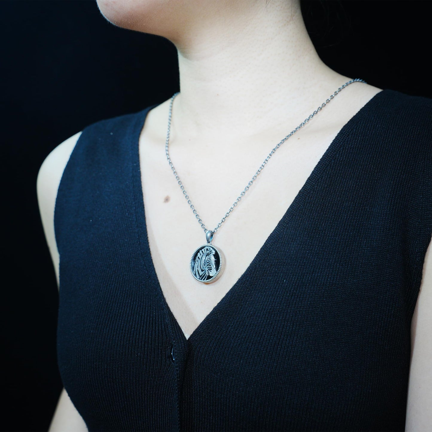 Wildlife Zebra Totem Necklace | 925 Sterling Silver Handcrafted Relief Medallion | Black-White Minimal Unisex Pendant | Double-Sided Design