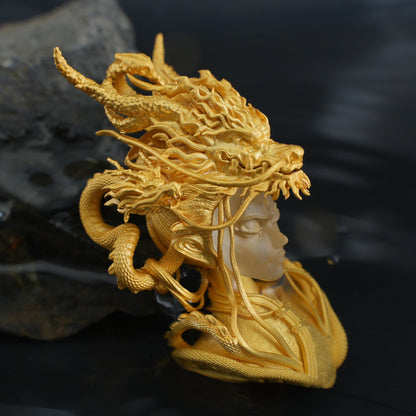 Golden Dragon Lady Pendant | 925 Sterling Silver with 24K Gold Plating & White Crystal | Symbol of Dragon Spirit, Strength & Soul Protection | Handmade Fantasy Jewelry
