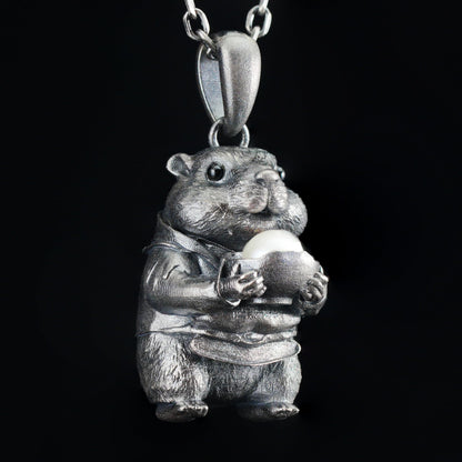 925 Sterling Silver Hamster Pendant with Freshwater Pearl | Handmade Animal Totem Necklace | Whimsical Fairy Tale Jewelry Gift