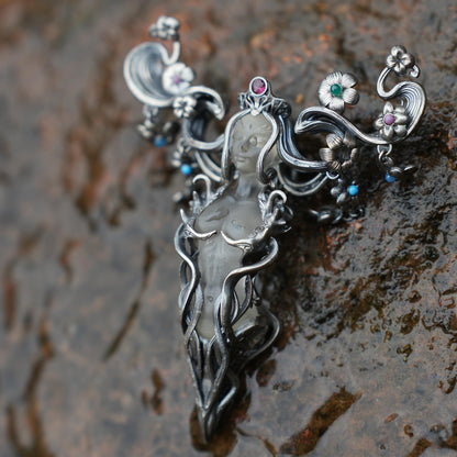 Goddess Flower Pendant with Onyx & Garnet | Handcrafted Art Nouveau Jewelry | Symbol of Beauty & Renewal