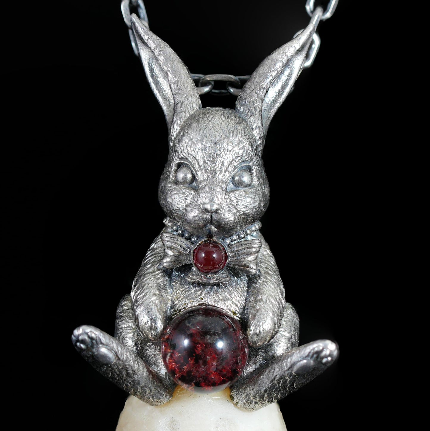 925 Sterling Silver Moon Rabbit Pendant with Red Agate & Phantom Quartz | Handmade Fantasy Necklace | Symbolic Spring Totem Jewelry Gift