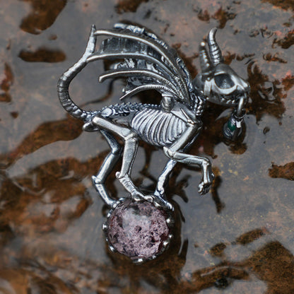 Dark Wings Dragon Pendant | Handmade 925 Silver Gothic Jewelry with Phantom Quartz | Fantasy Amulet for Magic & Mystery Lovers