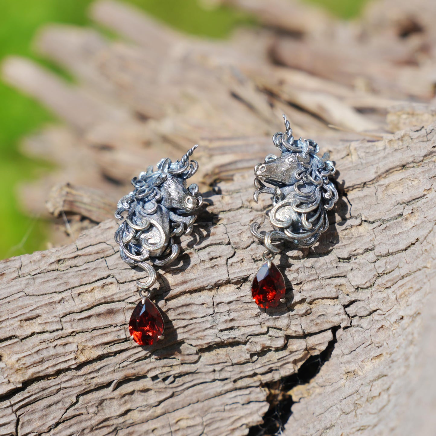 Unicorn Earrings with Garnet Drop | Handcrafted Celtic Fantasy Jewelry | Symbolic Gift of Vow & Protection