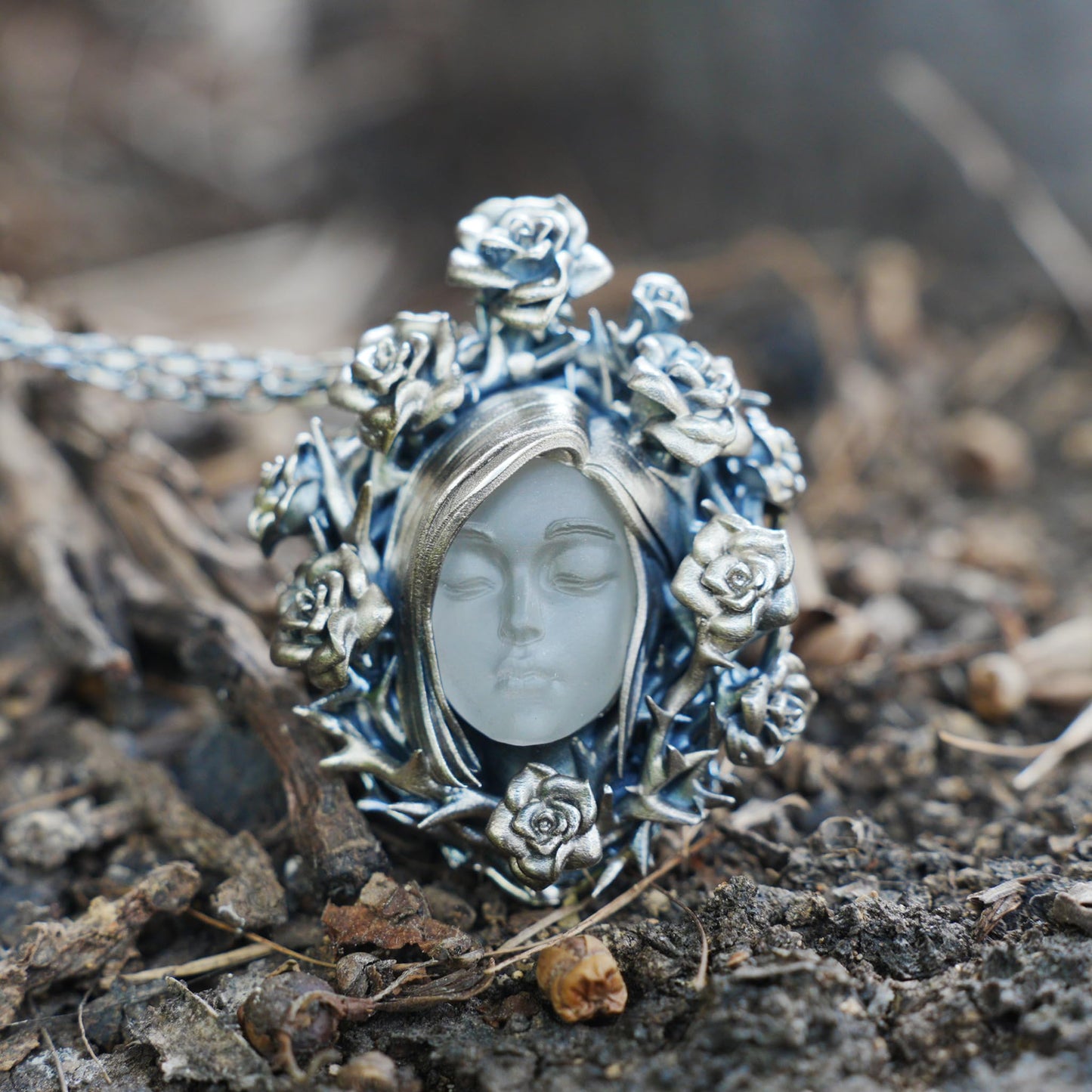 925 Sterling Silver Rose Wreath Pendant with White Crystal | Hand-Carved Cameo Necklace | Victorian Gothic Jewelry Gift