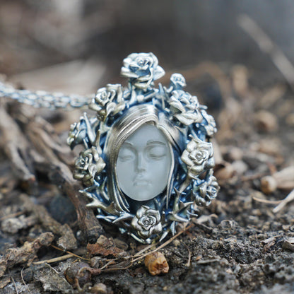 925 Sterling Silver Rose Wreath Pendant with White Crystal | Hand-Carved Cameo Necklace | Victorian Gothic Jewelry Gift