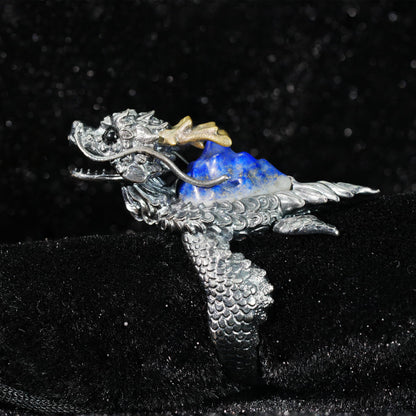 Dragon Turtle Ring with Lapis Lazuli & Onyx | Handcrafted Myth-Inspired Signet Ring for Protection & Inner Strength