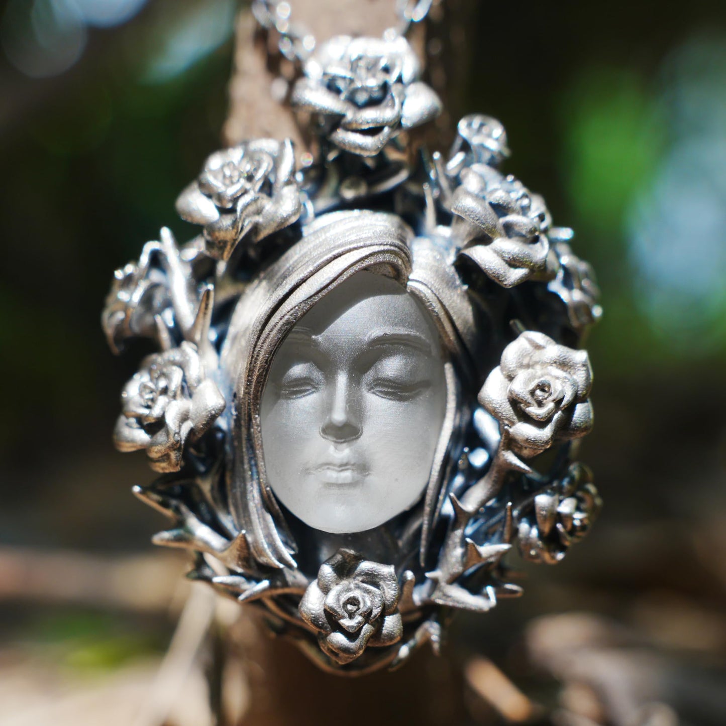 925 Sterling Silver Rose Wreath Pendant with White Crystal | Hand-Carved Cameo Necklace | Victorian Gothic Jewelry Gift