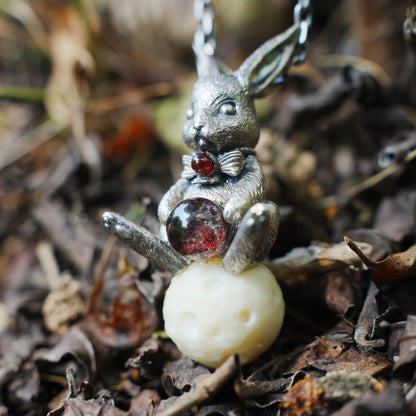 925 Sterling Silver Moon Rabbit Pendant with Red Agate & Phantom Quartz | Handmade Fantasy Necklace | Symbolic Spring Totem Jewelry Gift