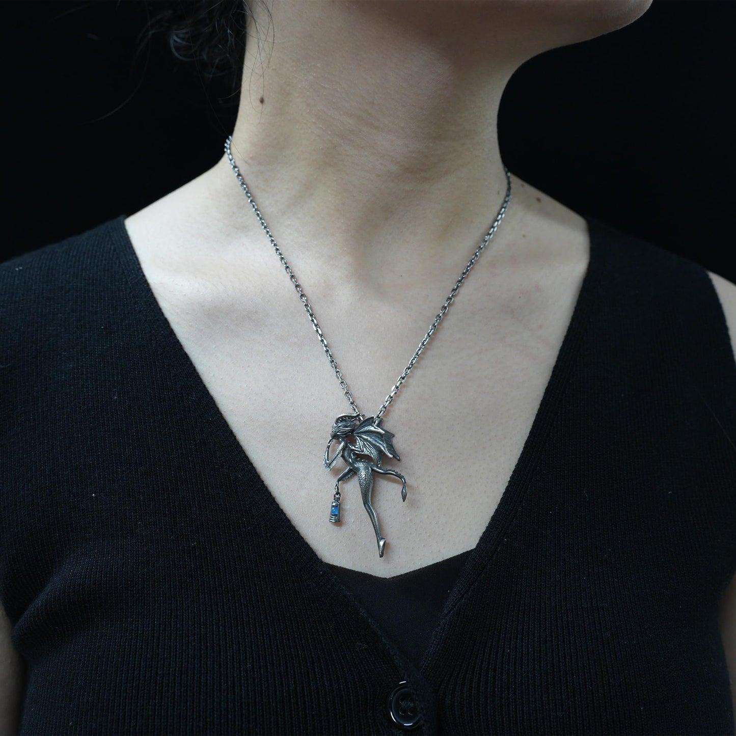 Dragon Girl Pendant | 925 Silver Fantasy Necklace with Green Chalcedony Lantern | Symbol of Courage & Inner Light