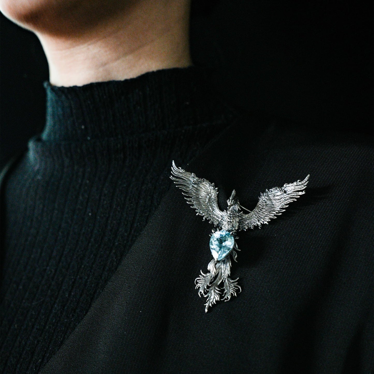 Handmade Phoenix Pendant Brooch | 925 Silver Jewelry with Aquamarine | Symbol of Rebirth & Strength | Gothic Fantasy Gift for Her