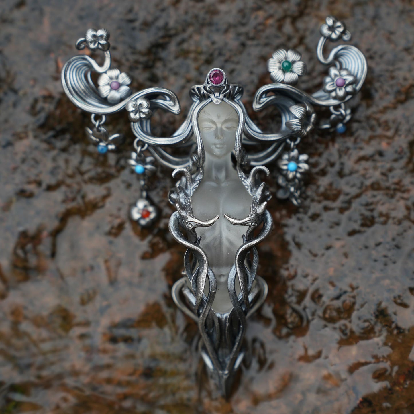 Goddess Flower Pendant with Onyx & Garnet | Handcrafted Art Nouveau Jewelry | Symbol of Beauty & Renewal
