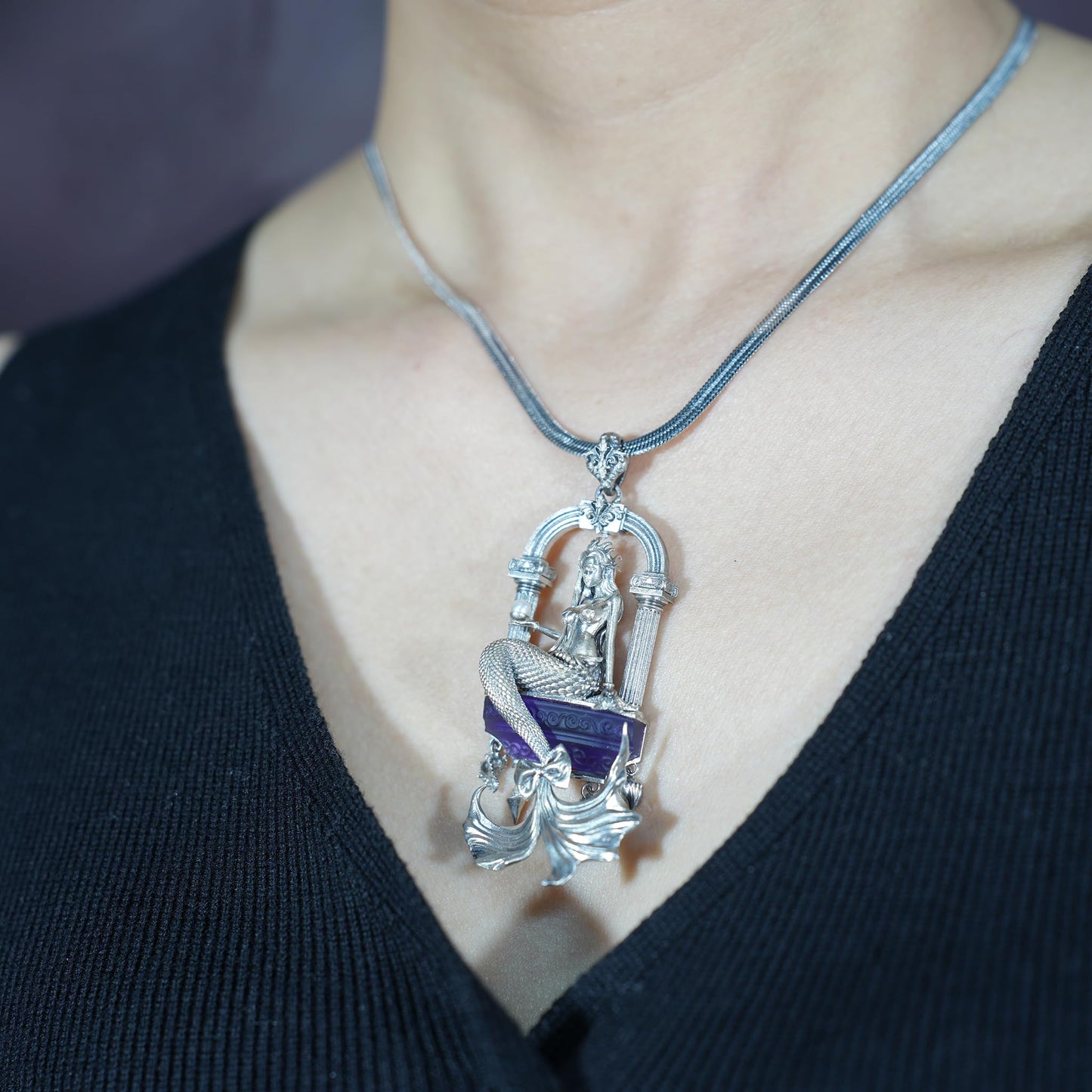 Amethyst Mermaid Pendant | Handcrafted 925 Sterling Silver Ocean Goddess Necklace | Fantasy Sea Jewelry Gift for Her, Unique Mythical Art
