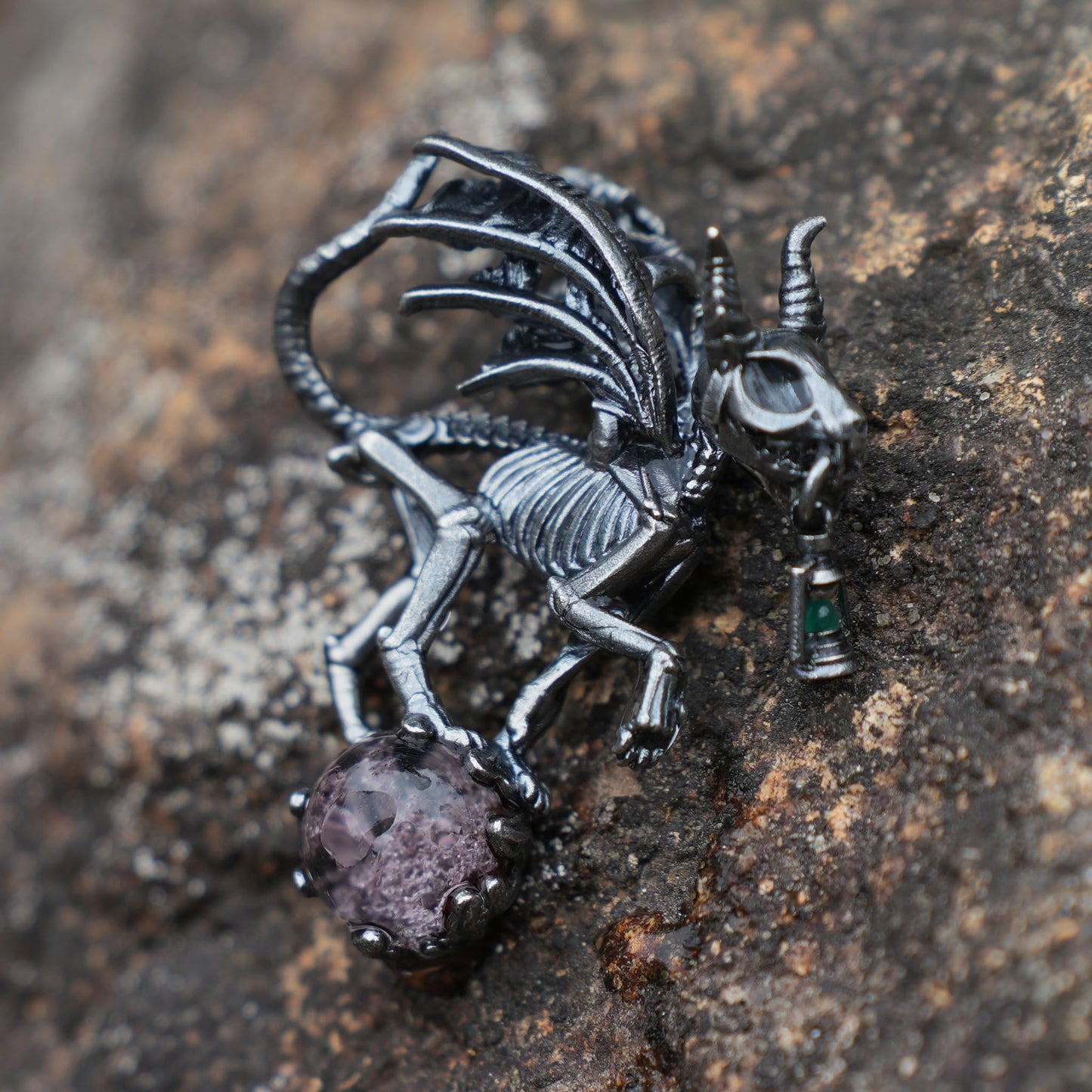 Dark Wings Dragon Pendant | Handmade 925 Silver Gothic Jewelry with Phantom Quartz | Fantasy Amulet for Magic & Mystery Lovers