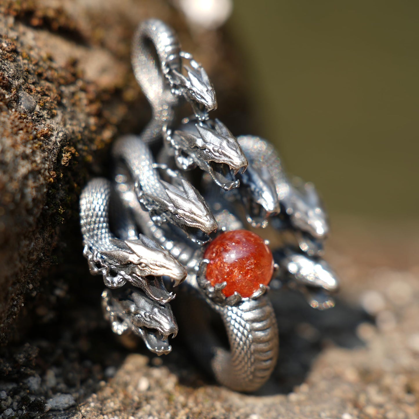 Eight-Headed Serpent Pendant | Handmade 925 Silver Mythical Jewelry | Yamata no Orochi Amulet with Golden Quartz | Japanese Power Symbol