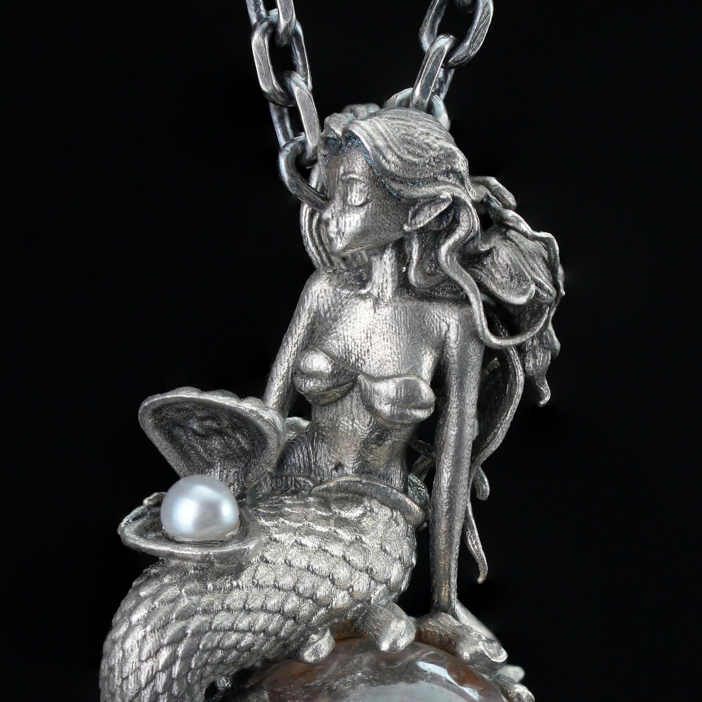 925 Silver Mermaid Pendant with Phantom Quartz & Pearl | Handmade Ocean Fantasy Amulet Necklace | Mythical Sea Spirit Jewelry Gift