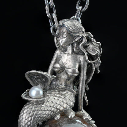 925 Silver Mermaid Pendant with Phantom Quartz & Pearl | Handmade Ocean Fantasy Amulet Necklace | Mythical Sea Spirit Jewelry Gift